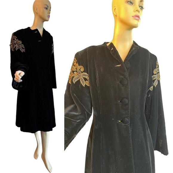 Vintage Black Velvet Cape Coat with Hand Beaded Shoulders - Picture 1 of 9